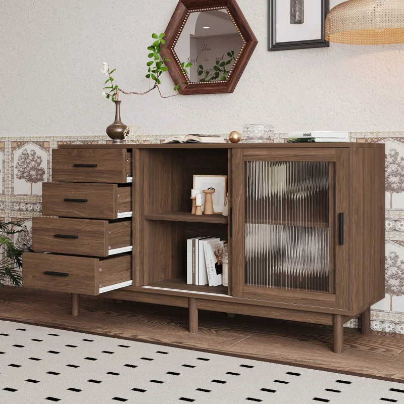 Credenza multiuso in Noce con Vetrina in Vetro, 4 Cassetti e 2 Ante in Vetro, Marrone