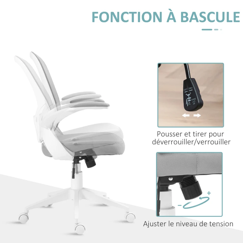 HOMCOM Fauteuil de bureau hauteur réglable pivotant 360° accoudoirs relevables dossier en maille et assise tissu gris
