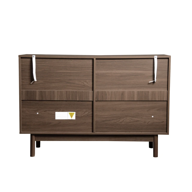 Credenza in Noce con Vetrina e 4 Ante in Vetro a Strisce Verticali, multiuso per Soggiorno, Marrone