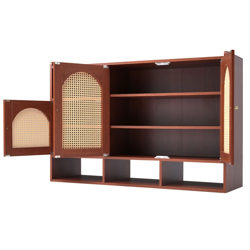 Credenza in Rattan e Noce con 3 Ante Curve e 4 Ripiani Aperti per la Casa, Noce