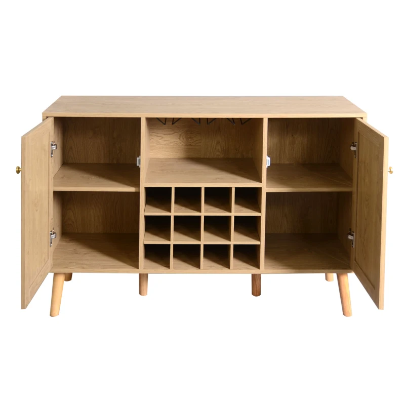 Credenza Portabottiglie Effetto Legno con 2 Ante in Rattan e Ripiani Regolabili, Quercia