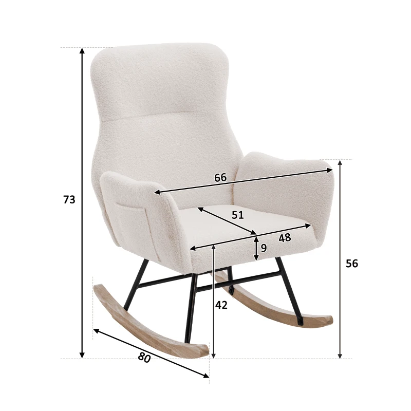 Poltrona a Dondolo con Tasche Portaoggetti su Braccioli in Legno Massello, Bianco