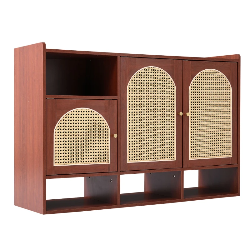 Credenza in Rattan e Noce con 3 Ante Curve e 4 Ripiani Aperti per la Casa, Noce