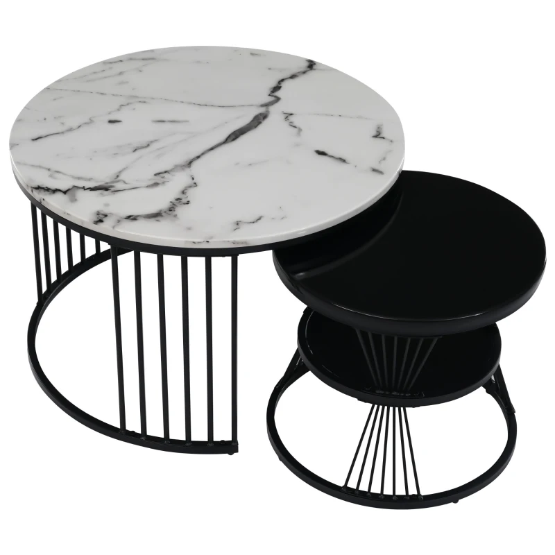 Set 2 Tavolini da Salotto Moderni a Incastro, Design Marmo Lucido, Nero