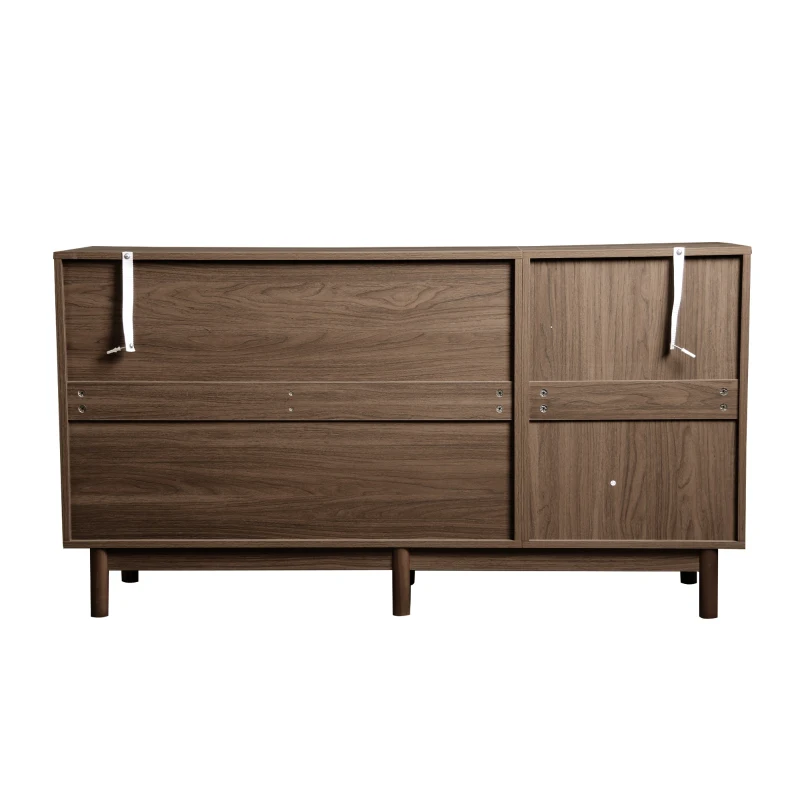 Credenza multiuso in Noce con Vetrina in Vetro, 4 Cassetti e 2 Ante in Vetro, Marrone