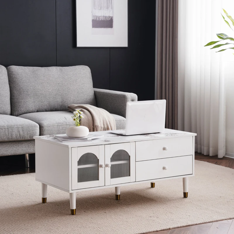 Tavolino da Salotto con 2 Ante e 2 Cassetti in MDF, Piano d'Appoggio Marmorizzato e Dettagli Dorati, Bianco