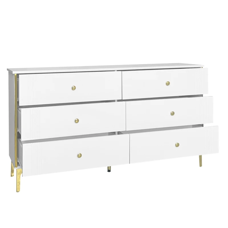 Credenza Elegante con 6 Cassetti, Dettagli Dorati e Piedini per Soggiorno, Bianco