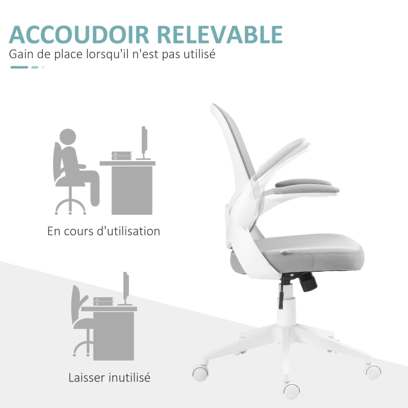 HOMCOM Fauteuil de bureau hauteur réglable pivotant 360° accoudoirs relevables dossier en maille et assise tissu gris