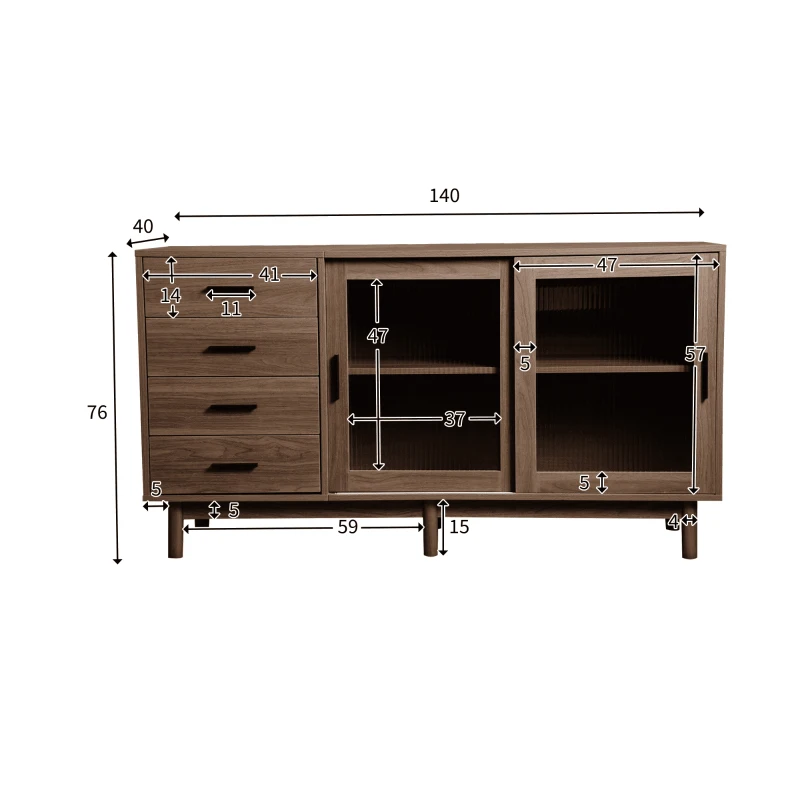 Credenza multiuso in Noce con Vetrina in Vetro, 4 Cassetti e 2 Ante in Vetro, Marrone