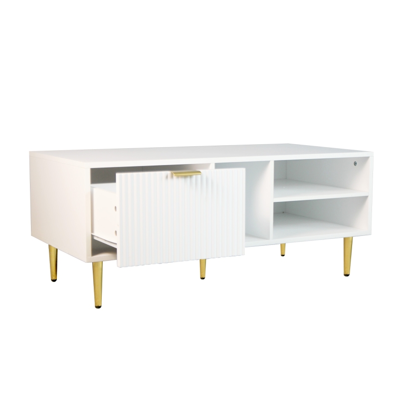 Tavolino da Salotto con Cassetto e 3 Ripiani Aperti, Bianco e Oro
