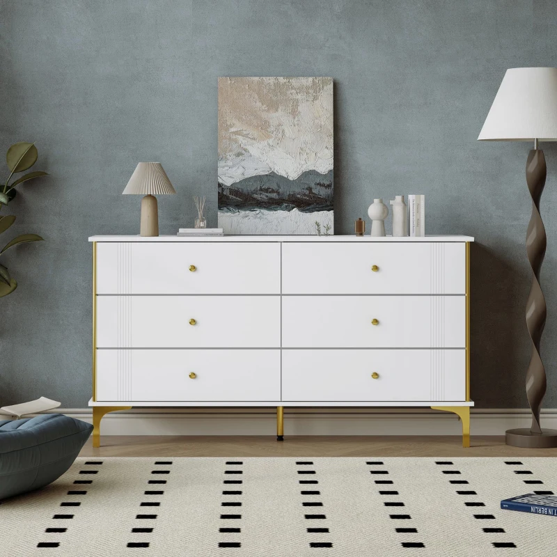 Credenza Elegante con 6 Cassetti, Dettagli Dorati e Piedini per Soggiorno, Bianco