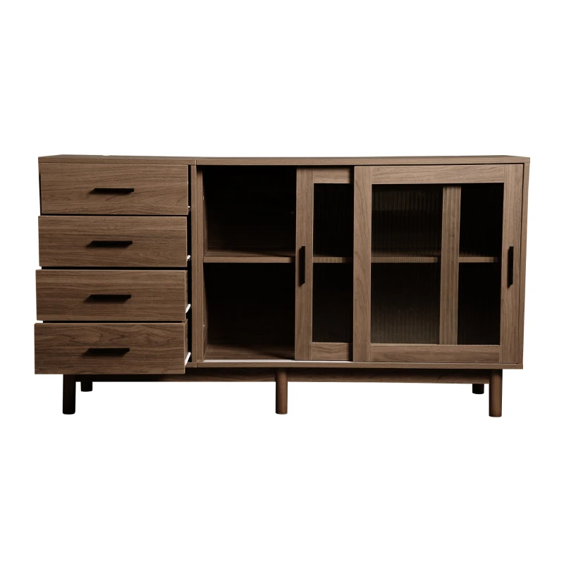 Credenza multiuso in Noce con Vetrina in Vetro, 4 Cassetti e 2 Ante in Vetro, Marrone