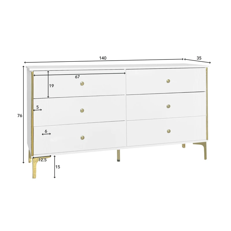 Credenza Elegante con 6 Cassetti, Dettagli Dorati e Piedini per Soggiorno, Bianco