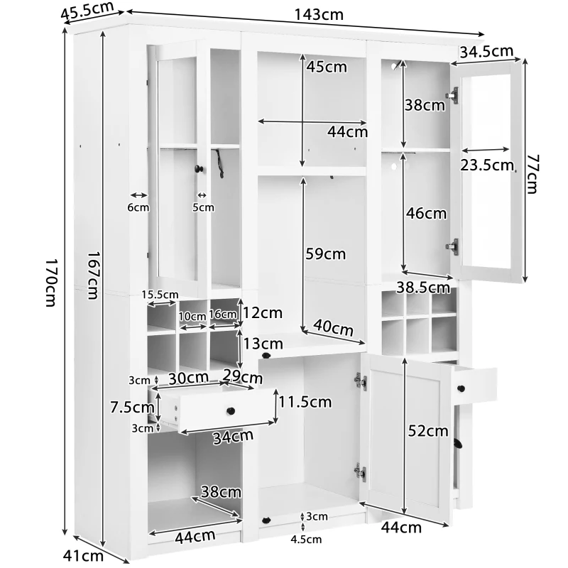 Vetrina Moderna con Illuminazione LED Multicolore, Spazio Vino e Cassetti, Bianco