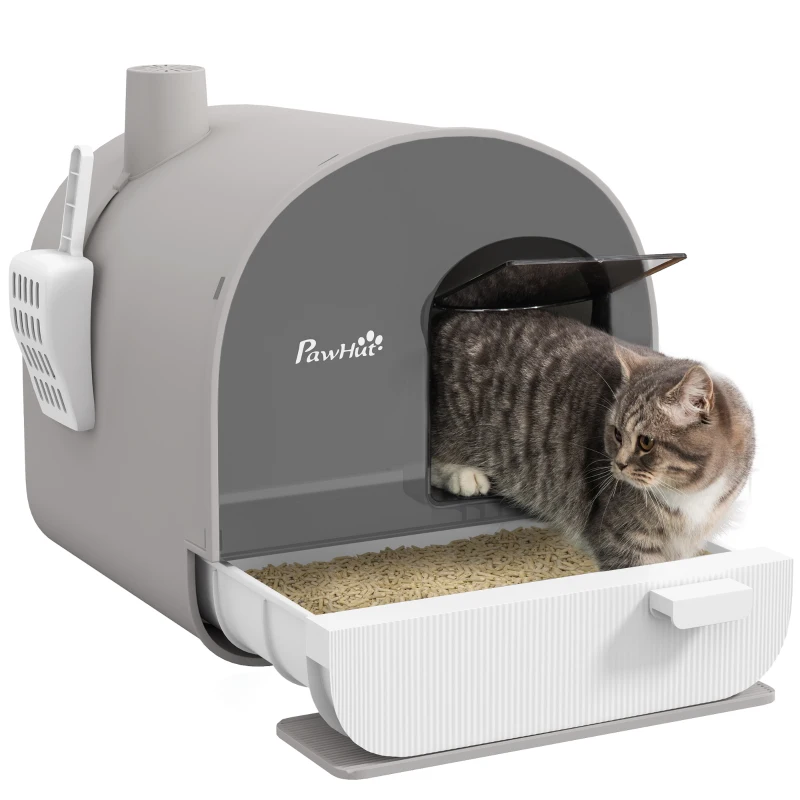 PawHut Kuweta z pokrywą, łopatką, matą na żwirek, plastik, szara/czarna