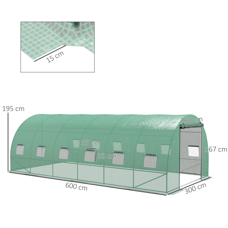 Outsunny Seră Politunel cu Sistem de Stropitoare, Ușă Rulantă și 12 Ferestre cu Plasă, 600x300x195 cm, Verde(m-3)