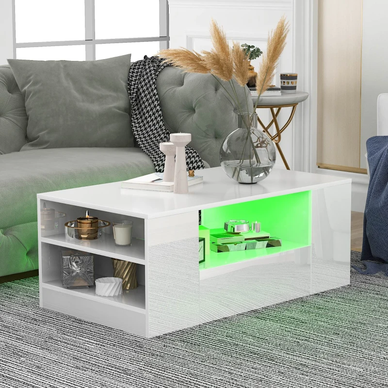Mesa de Centro Moderna con 2 Cajones 2 Estantes E Iluminación Led 95x53x37 cm Blanco Brillo