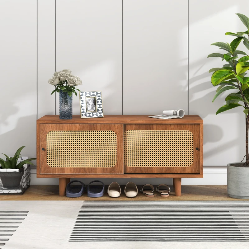 Mueble Zapatero de Ratán con 2 Puertas y Estantes Regulables Color Nogal