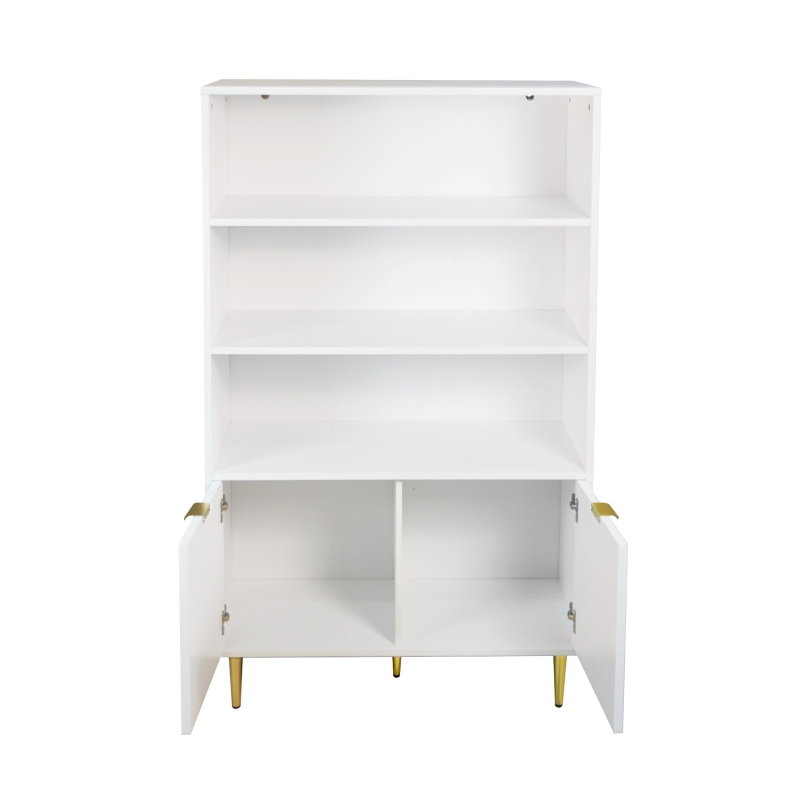 Armadio Alto Elegante con Decorazioni Dorate, 2 Ante e 3 Ripiani Aperti, Multifunzione, Bianco+Oro