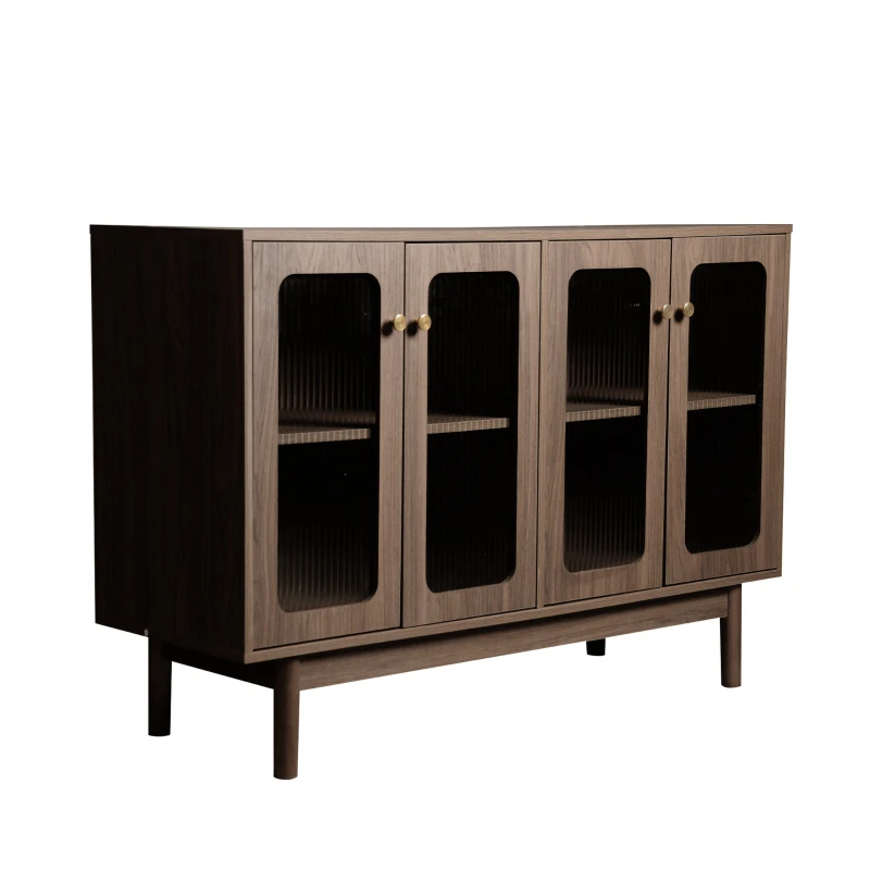 Credenza in Noce con Vetrina e 4 Ante in Vetro a Strisce Verticali, multiuso per Soggiorno, Marrone