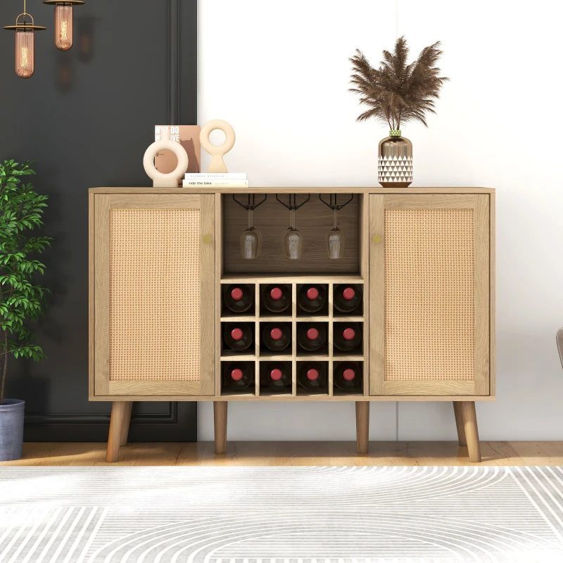 Credenza Portabottiglie Effetto Legno con 2 Ante in Rattan e Ripiani Regolabili, Quercia