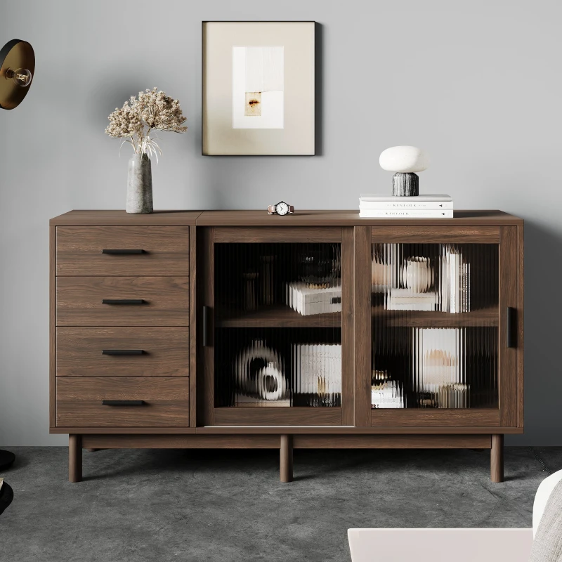 Credenza multiuso in Noce con Vetrina in Vetro, 4 Cassetti e 2 Ante in Vetro, Marrone