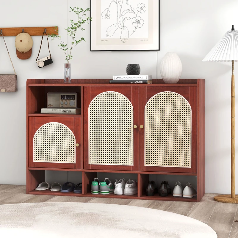 Credenza in Rattan e Noce con 3 Ante Curve e 4 Ripiani Aperti per la Casa, Noce