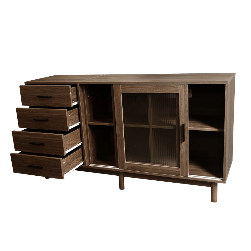 Credenza multiuso in Noce con Vetrina in Vetro, 4 Cassetti e 2 Ante in Vetro, Marrone