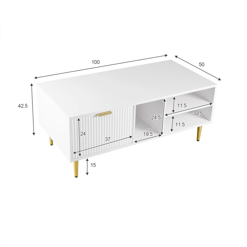 Tavolino da Salotto con Cassetto e 3 Ripiani Aperti, Bianco e Oro