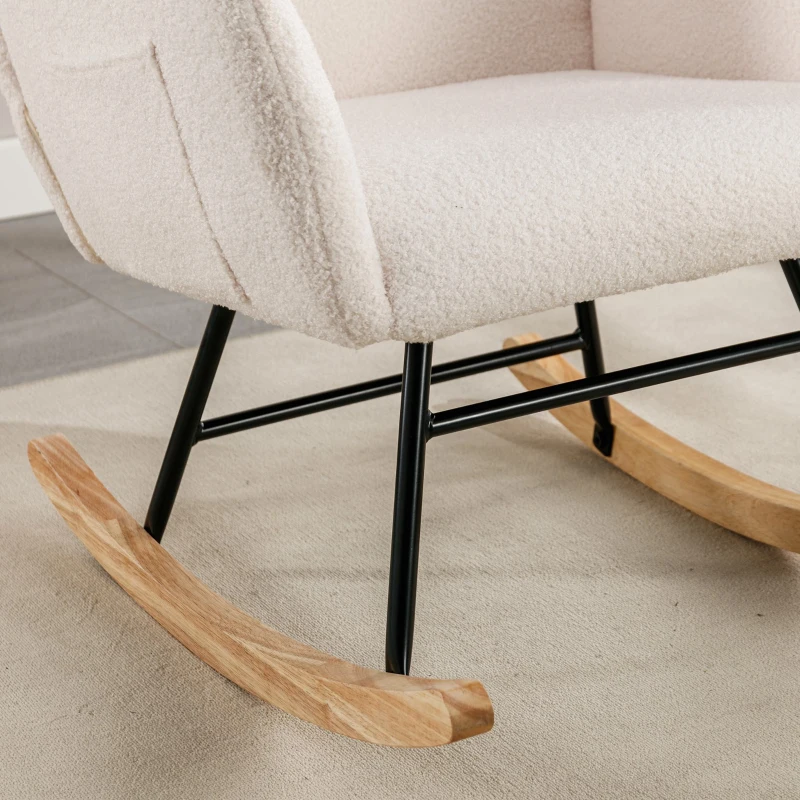 Poltrona a Dondolo con Tasche Portaoggetti su Braccioli in Legno Massello, Bianco