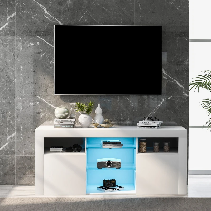 Mobile Porta TV LED con 2 Armadietti e 5 Ripiani Aperti, Illuminazione LED 16 Colori, per TV fino a 55 Pollici, Bianco