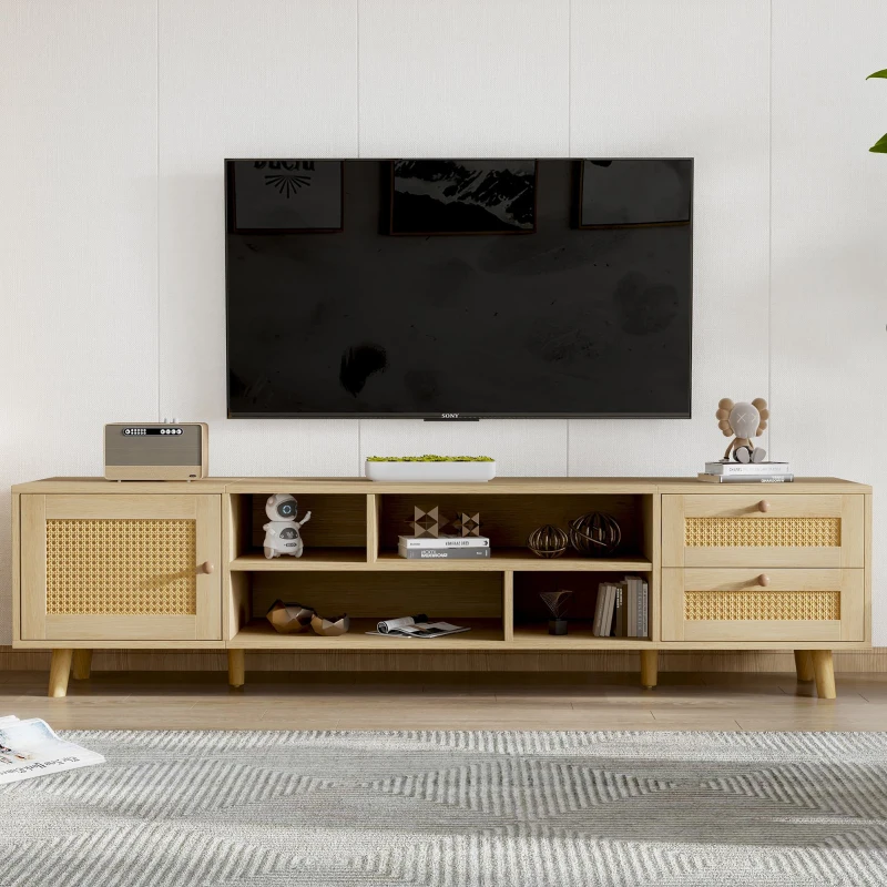 Mobile TV in Rattan Color Legno per TV fino a 70 Pollici con Gestione Cavi, 2 Cassetti e una porta, Quercia