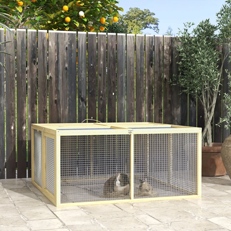 PawHut Klatka dla małych zwierząt, klatka dla królików, z otwieranym dachem, drewno jodłowe, 120x120x57 cm, Naturalny