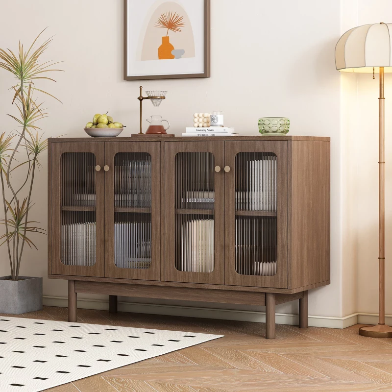 Credenza in Noce con Vetrina e 4 Ante in Vetro a Strisce Verticali, multiuso per Soggiorno, Marrone