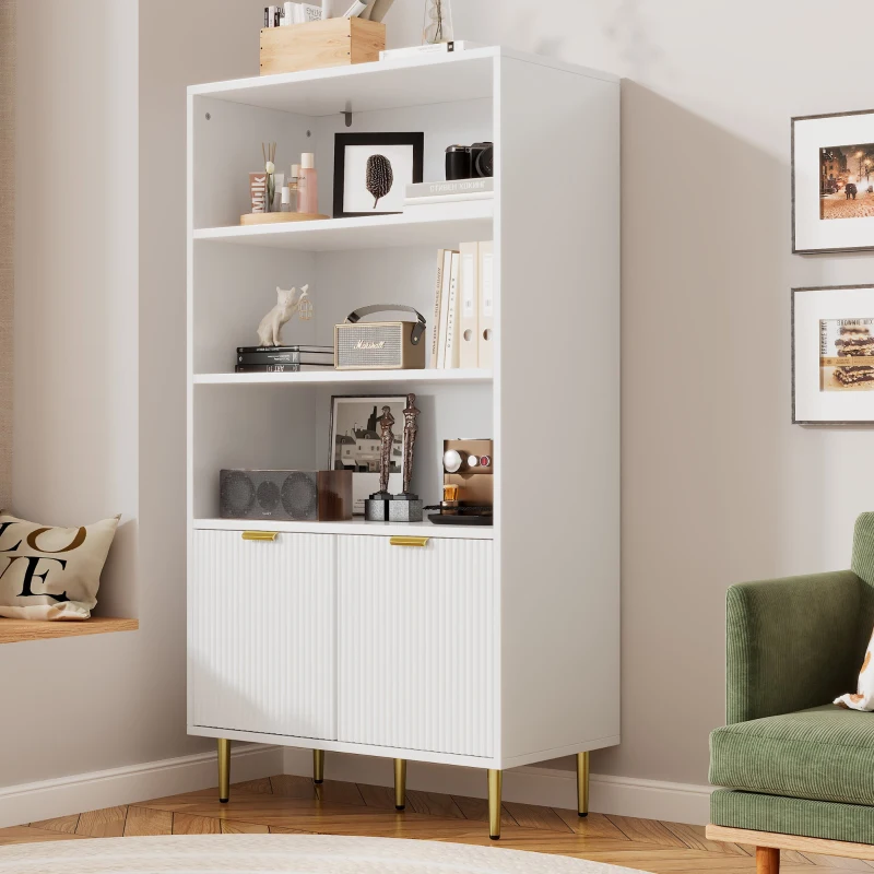 Armadio Alto Elegante con Decorazioni Dorate, 2 Ante e 3 Ripiani Aperti, Multifunzione, Bianco+Oro