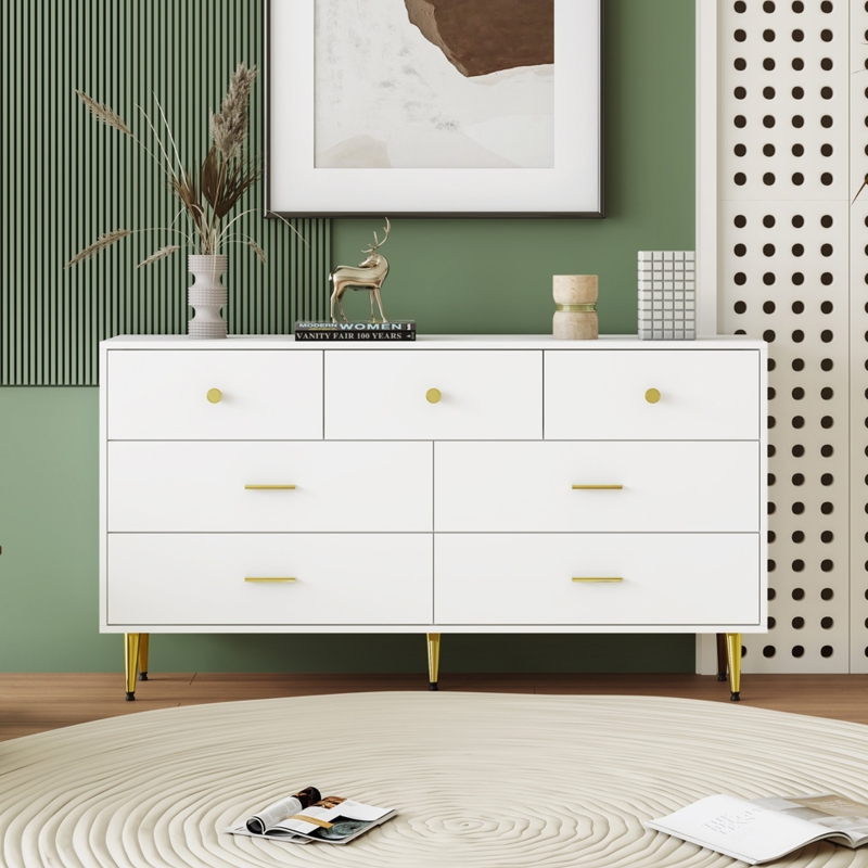 Credenza Con Ante E Cassetti - Armadio Soggiorno/Camera, Gambe E Maniglie Dorate, Colore Bianco