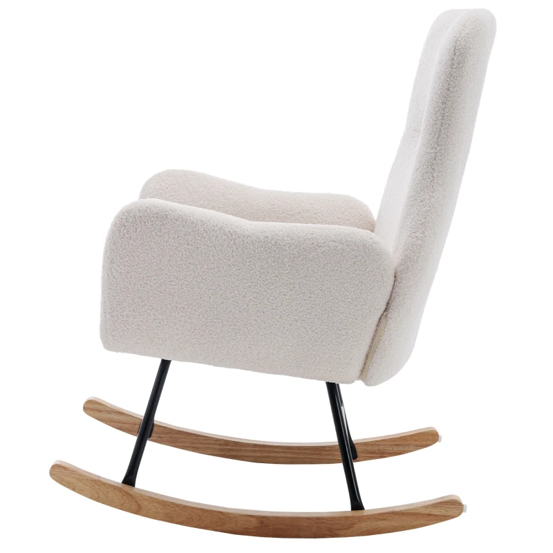 Poltrona a Dondolo con Tasche Portaoggetti su Braccioli in Legno Massello, Bianco