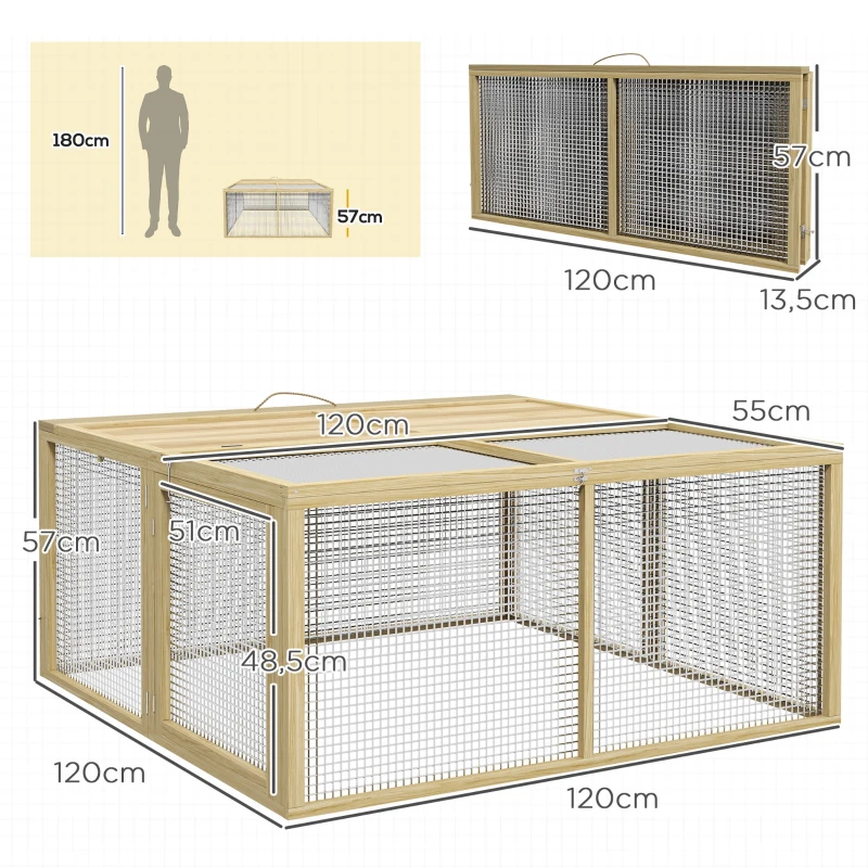 PawHut Klatka dla małych zwierząt, klatka dla królików, z otwieranym dachem, drewno jodłowe, 120x120x57 cm, Naturalny