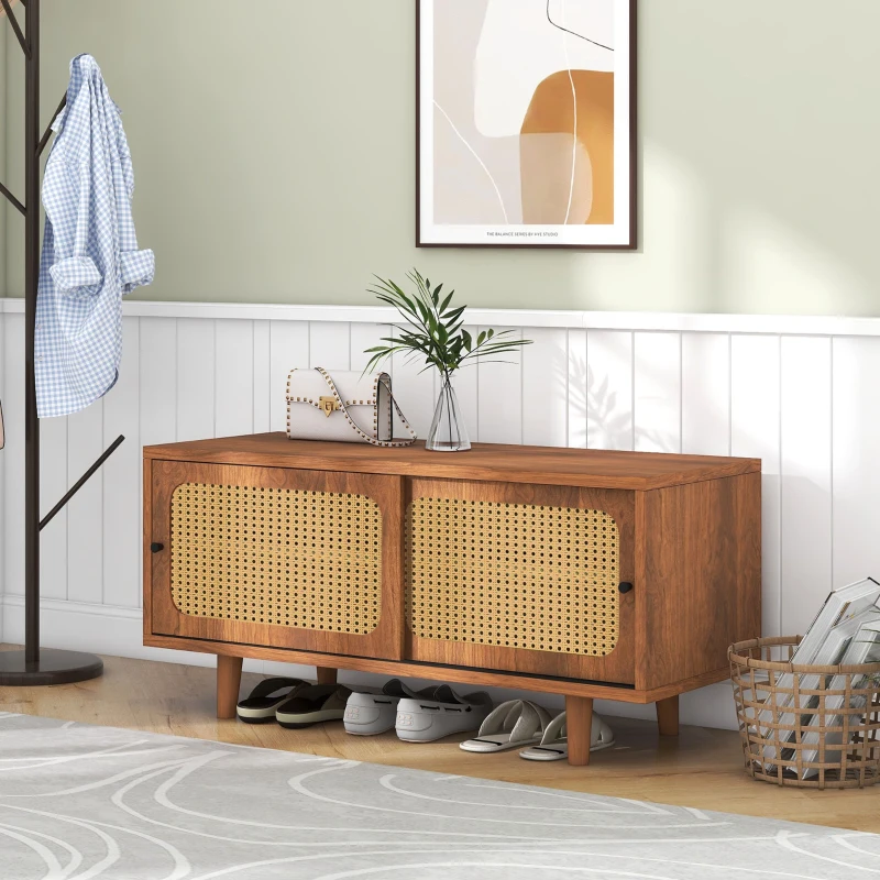 Mueble Zapatero de Ratán con 2 Puertas y Estantes Regulables Color Nogal