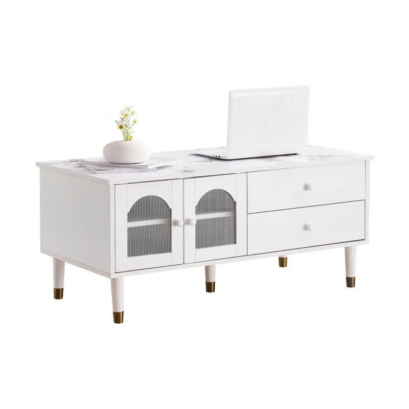 Tavolino da Salotto con 2 Ante e 2 Cassetti in MDF, Piano d'Appoggio Marmorizzato e Dettagli Dorati, Bianco