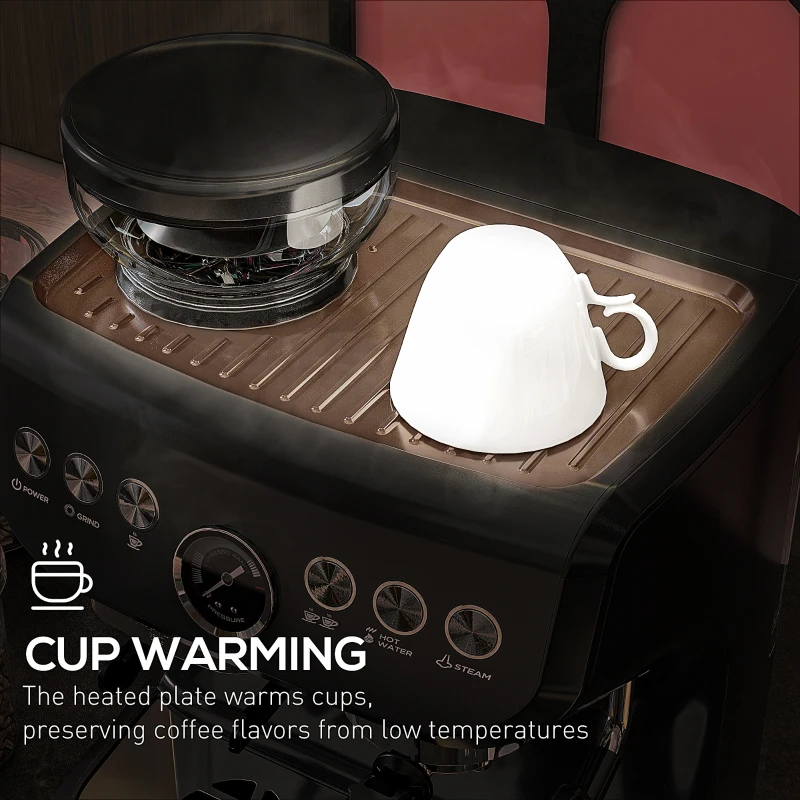 HOMCOM 15 Bar Coffee Machine, with Adjustable Grind, Steamer and Accessories