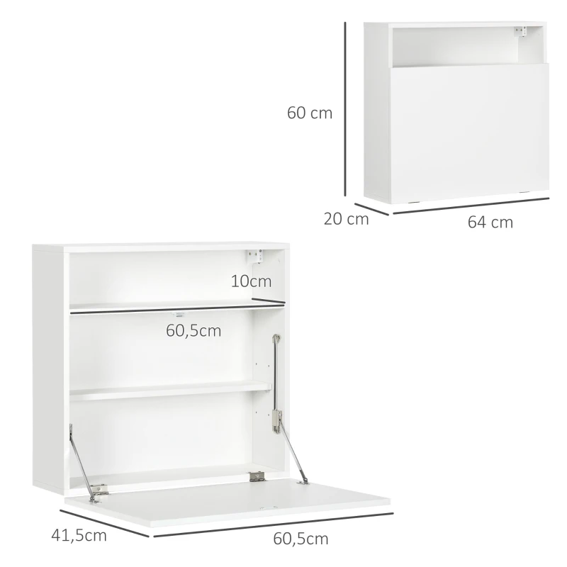 HOMCOM Secretária de Parede Moderna Dobrável Multifuncional com Prateleiras de Armazenamento Carga 40 kg 64x20x60 cm Branco