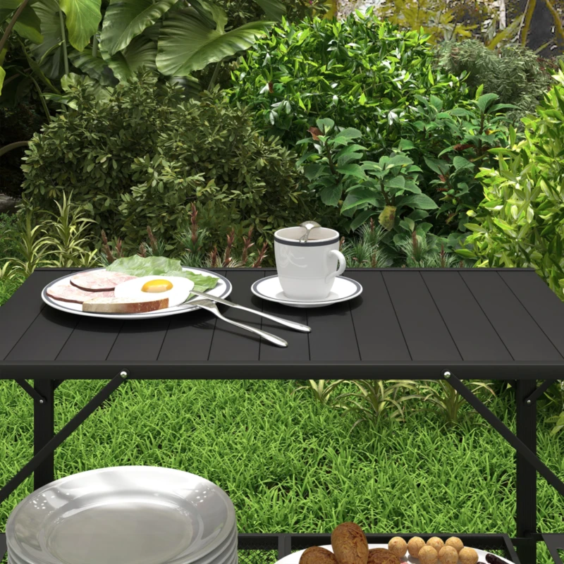 Outsunny Stół Kempingowy Piknikowy Szafka Kuchenna na Zewnątrz, Składany, Odporny na Warunki Pogodowe, 126 cm x 44 cm x 80 cm, Czarny