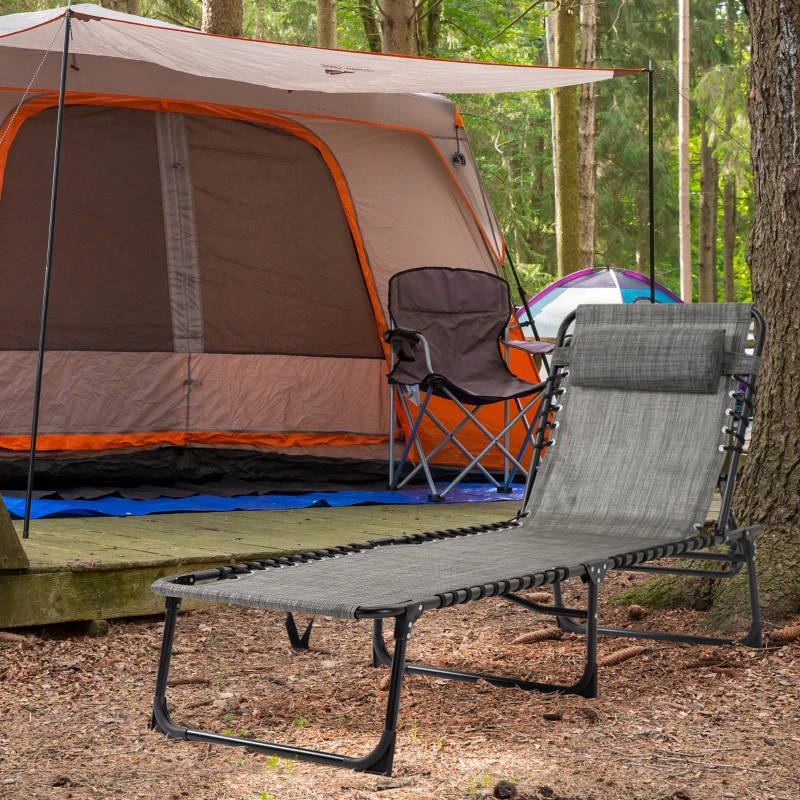 Outsunny Portable Sun Lounger, Folding Camping Bed Cot, Reclining Lounge Chair 5-position Adjustable Backrest with Side Pocket, Pillow for Patio Garden Beach Pool, Mixed Grey