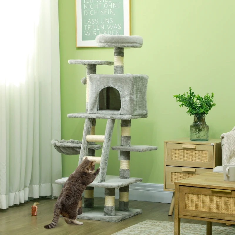 PawHut Cat Tree for Indoor Cats, Cat Tower with Scratching Post, Bed for Large Cats, Light Grey