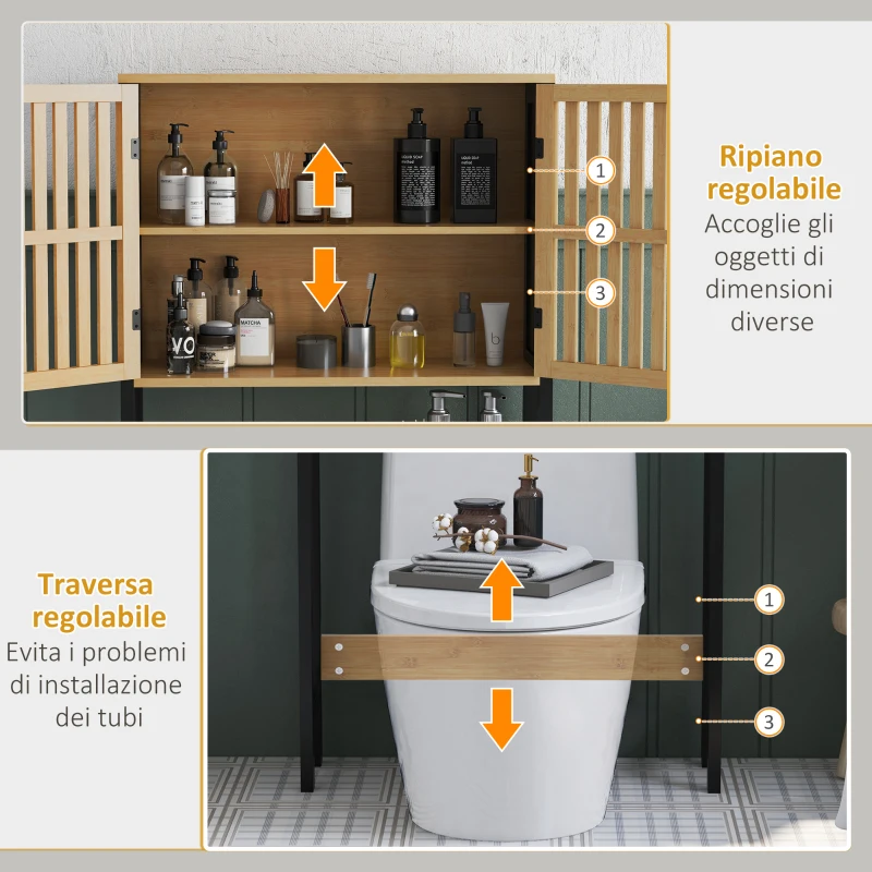 HOMCOM Mobile Sopra WC con Armadietto 2 Ante a Doghe e Ripiano Aperto, 60x21.5x172cm, Colore Legno