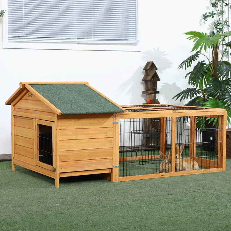 PawHut Wooden Rabbit Hutch Outdoor, Guinea Pig Hutch, Detachable Pet House Animal Cage with Openable Run & Roof Lockable Door Slide-out Tray 146 x 95 x 69cm