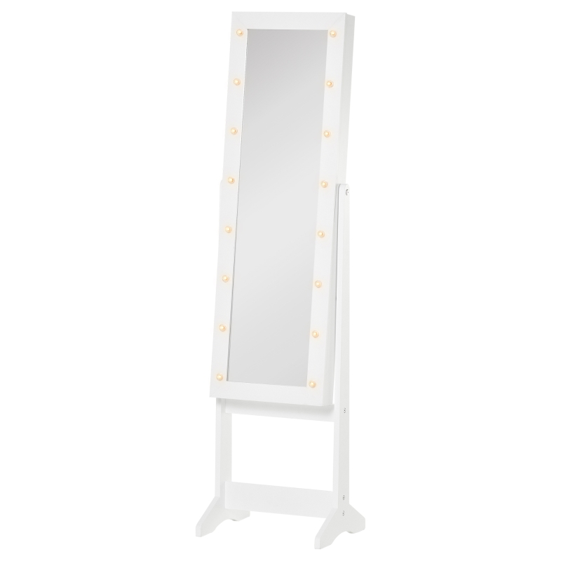 HOMCOM Guarda-Joias de Pé, com Espelho, Armário para Joias 16 Luzes LED Reclinável  36x30x136cm Branco