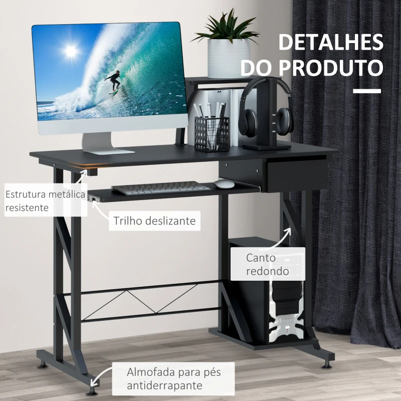 HOMCOM Mesa de Computador com 1 Gaveta Bandeja para Teclado e Suporte para CPU para Escritório Estúdio  90x50x95 cm Preto