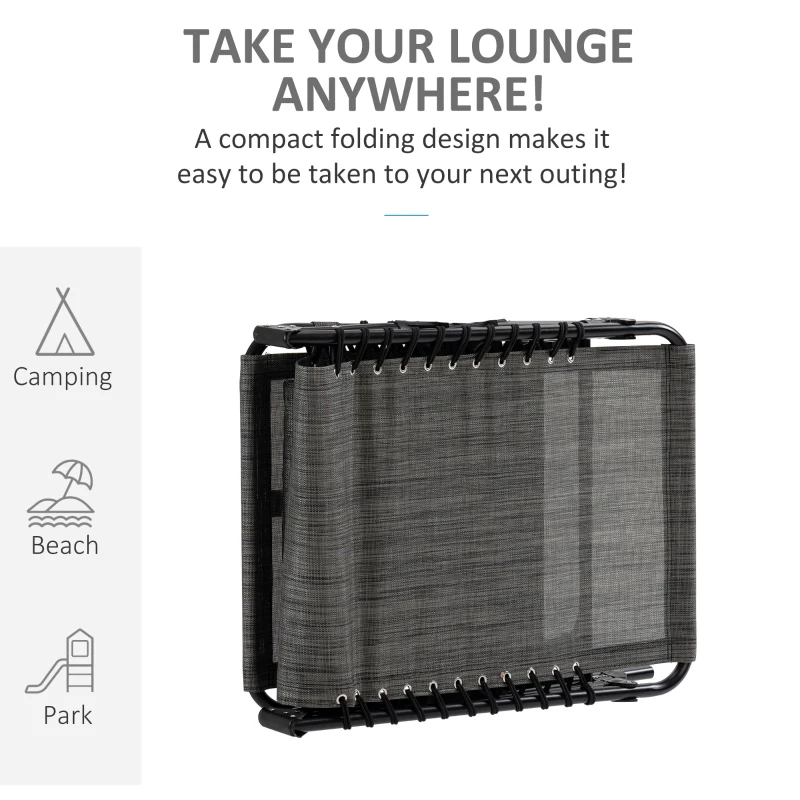 Outsunny Portable Sun Lounger, Folding Camping Bed Cot, Reclining Lounge Chair 5-position Adjustable Backrest with Side Pocket, Pillow for Patio Garden Beach Pool, Mixed Grey